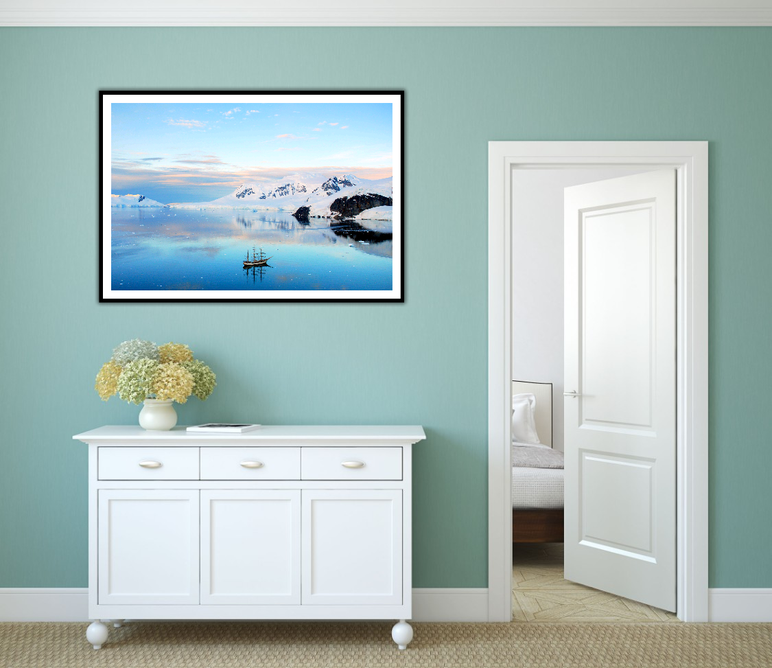 Sunset over a Three Mast Tall Ship in Antarctica – signed fine art photograph by Andrew Scriven