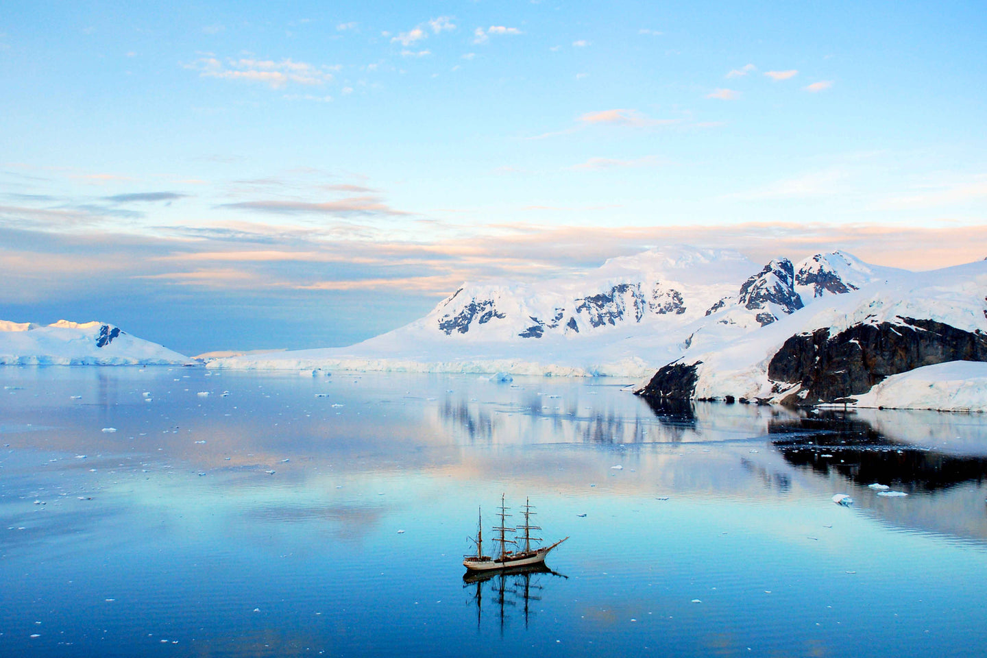 Sunset over a Three Mast Tall Ship in Antarctica